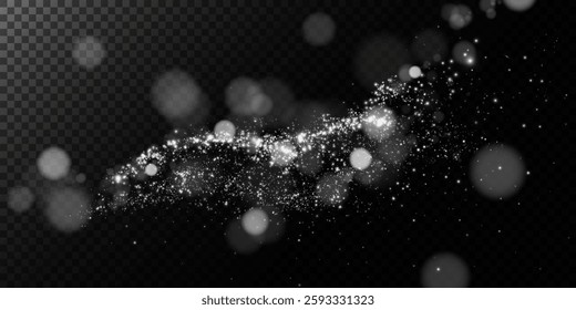 A sparkling white magic dust effect with glowing bokeh lights and twinkling particles on a transparent background, ideal for fantasy and festive designs.