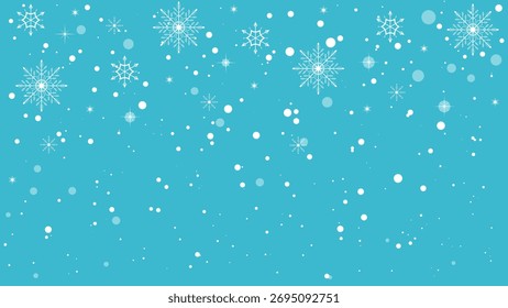 Copos de nieve blancos brillantes que caen durante el invierno con fondo azul