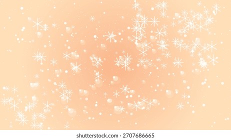 Copos de nieve blancos brillantes que caen suavemente sobre un fondo suave del gradiente del melocotón