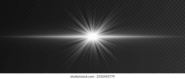 Sparkling white star with horizontal light effect isolated on a dark transparent background. Bright flash with rays and flying glowing particles. Vector illustration. EPS 10.