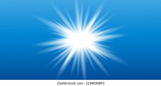 Sparkling white starbursts on a blue background. Bright sunlight blinds rays.