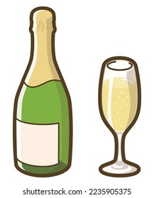 Sparkling Wine. Wine bottle and glass. Vector illustration.