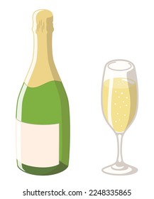 Sparkling Wine. Wine bottle and glass. Vector illustration.