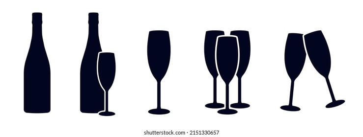 Sparkling wine bottle and glasses icons