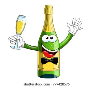 sparkling wine bottle mascot character making toast isolated on white