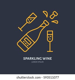 Sparkling wine in bottle and two wineglasses line icon. Vector logo for celebration event. Linear illustration for alcohol store