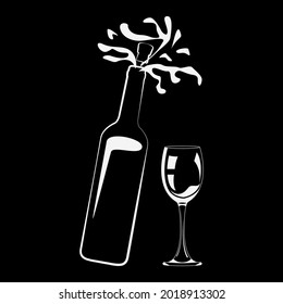 Burbujas de vino espumoso, botella de champán y línea de icono de vidrio diseño de vectores diseño aislado