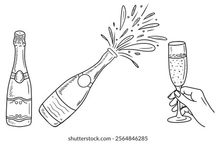 Sparkling wine, champagne bottle with hand holding glass of champagne in black isolated on white background. Hand drawn vector sketch illustration in doodle vintage engraved line art style