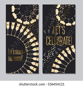 sparkling wine concept vector illustration with gold metal elements for wedding or new year celebration cards, invitations, posters. 