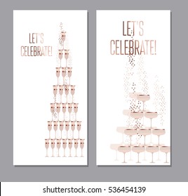 sparkling wine concept vector illustration with gold metal elements for wedding or new year celebration cards, invitations, posters. 