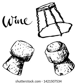 Sparkling wine cork from different views and muselet. Vintage black and white illustration, isolated