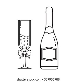 Sparkling Wine and Full Champagne Glass Icons in Line Art.