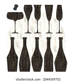 Sparkling wine glass and bottle. Assorted champagne glassware and bottles for new year celebration. Vector silhouette set for holiday design. 
