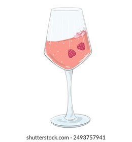 Vino espumoso en vaso. Vaso de dibujos animados con bebida de zumo de uva sin alcohol. Vector de champán, prosecco, vino de rosas e ilustración de copa de vino. Vajilla de fiesta para restaurante. Bebida rosa.