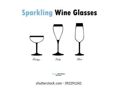 Sparkling wine glass silhouettes vector, black white on white background
