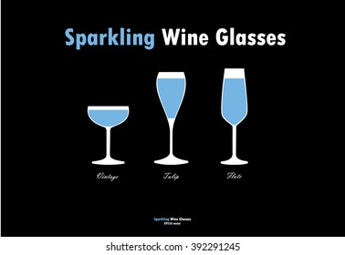Sparkling wine glass silhouettes vector, blue white on black background