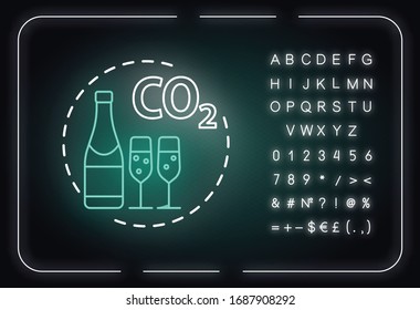 Sparkling wine neon light concept icon. Fizzy alcohol drink, winemaking idea. Outer glowing sign with alphabet, numbers and symbols. Festive beverage. Vector isolated RGB color illustration
