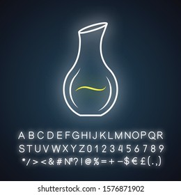 Sparkling wine service neon light icon. Decorative decanter with alcohol beverage. Aperitif drink for party, holiday. Glowing sign with alphabet, numbers and symbols. Vector isolated illustration