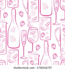 Sparkling wine vector seamless pattern background. Hand drawn bottles, glasses and strawberries rose pink white backdrop. Elegant monochrome illustration All over print for party celebration concept.