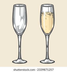 Sparkling wine vintage label colorful with full or empty flute with light low-alcohol extract from restaurant bar vector illustration