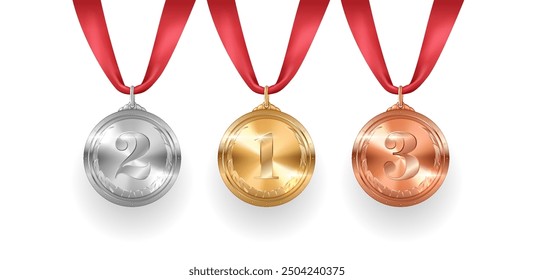 Sparkling winners medals on red ribbons realistic vector illustration. Athletic contest participants rewards 3d models on white background