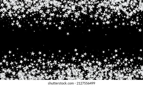Sparkling Winter Bokeh. Gold, Silver Rich Flying Stars Confetti. VIP Gold, Silver Glitter, Sparkles, Gradient Stars Confetti. Sparkling Glamour New Year Christmas Decoration Vector Background.