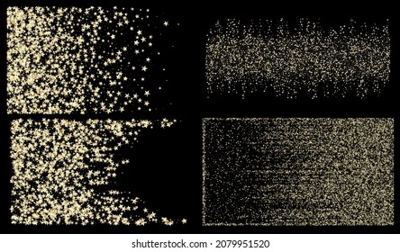 Sparkling Winter Border. VIP Gold, Silver Glitter, Sparkles, Gradient Stars Confetti. Luxury Sparkling New Year Christmas Garland Vector Background. Gold, Silver Rich Falling Stars Confetti.