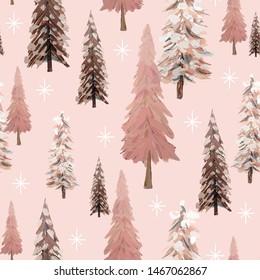 Sparkling winter forest seamless pattern with snowflakes and trees in shades of pink, ivory and brown. Vintage, natural look, great for Christmas and winter holiday cards, paper items and textiles.