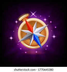 Sparkly compass GUI gaming or mobile app icon on dark background. Navigation equipment vector illustration in cartoon style