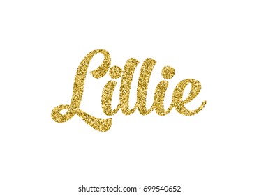 A sparkly, gold glitter script girl name Lillie for invitation cards, thank you cards, envelopes, t-shirts, stickers, greeting cards. Isolated vector. 