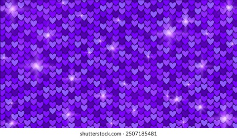 Sparkly horizontal background with purple heart shaped sequins 