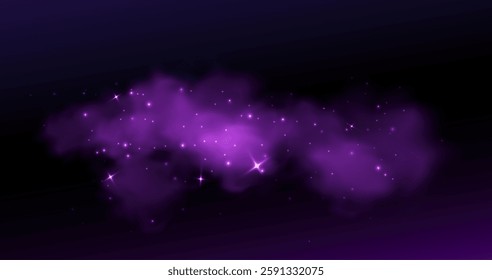 Sparkly purple smoke cloud or fog on dark background. Magical mist with glowing particles and stars. Fantasy nebula texture. Mysterious hazy effect for mystical designs or fairy tale illustrations.