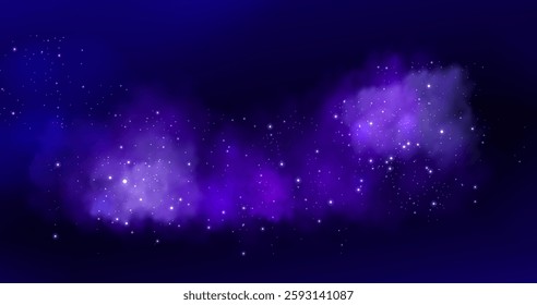 Sparkly purple smoke cloud or fog on dark background. Magical mist with glowing particles and stars. Fantasy nebula texture. Mysterious hazy effect for mystical designs or fairy tale illustrations.