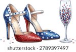 Sparkly red, white, and blue high heels clipart with a festive champagne glass. High-quality vector illustration for July 4th lady