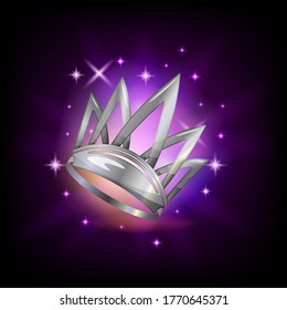 Sparkly silver crown icon for video game or mobile application, dark background. Royal headwear vector illustration in cartoon style