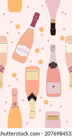 Sparkly wine bottles seamless pattern. Vector repeatable design isolated on pink background. Champagne for celebrations, anniversaries, holidays.
