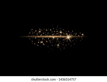 Sparks of dust and golden stars shine with a special light. Abstract glowing light on a black background. Christmas concept