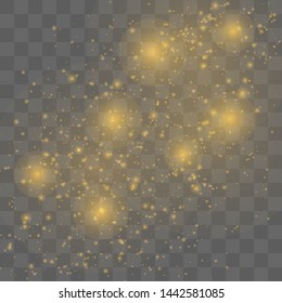 Sparks of dust and golden stars shine with a special light. Light shines on a transparent background. Christmas light effect. Glittering magic dust particles.
