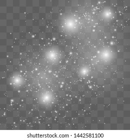Sparks of dust and golden stars shine with a special light. Light shines on a transparent background. Christmas light effect. Glittering magic dust particles.