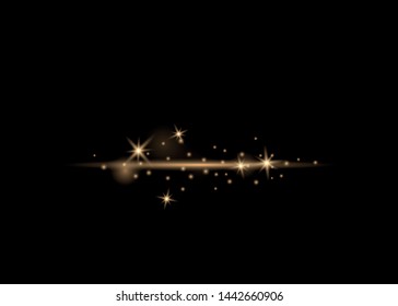 Sparks of dust and golden stars shine with a special light. Abstract glowing light on a black background. Christmas concept
