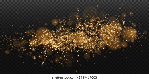 Sparks of dust and golden stars shine with special light. Vector sparks on transparent dark background. Christmas light effect. Sparkling magic dust particles.