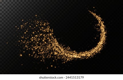 Sparks of dust and golden stars shine with special light. Vector sparks on transparent dark background. Christmas light effect. Sparkling magic dust particles.	