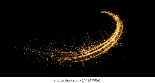 Sparks of dust and golden stars shine with special light. Trace of speed lines. Vector sparks on transparent dark background. Christmas light effect. Sparkling particles of magic dust.	