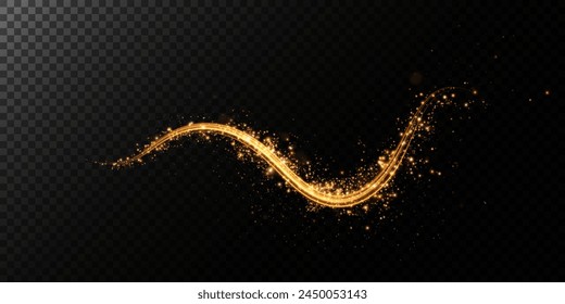 Sparks of dust and golden stars shine with special light. Trace of speed lines. Vector sparks on transparent dark background. Christmas light effect. Sparkling particles of magic dust.	
