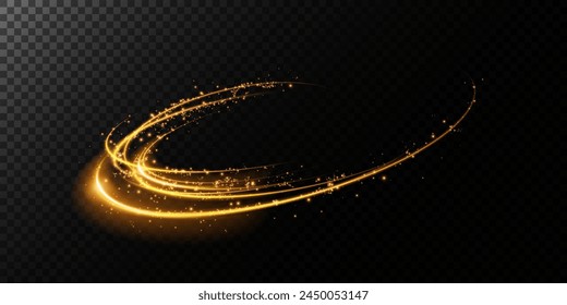 Sparks of dust and golden stars shine with special light. Trace of speed lines. Vector sparks on transparent dark background. Christmas light effect. Sparkling particles of magic dust.	
