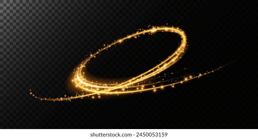 Sparks of dust and golden stars shine with special light. Trace of speed lines. Vector sparks on transparent dark background. Christmas light effect. Sparkling particles of magic dust.	
