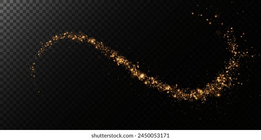 Sparks of dust and golden stars shine with special light. Vector sparks on transparent dark background. Christmas light effect. Sparkling magic dust particles.	