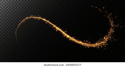 Sparks of dust and golden stars shine with special light. Trace of speed lines. Vector sparks on transparent dark background. Christmas light effect. Sparkling particles of magic dust.	
