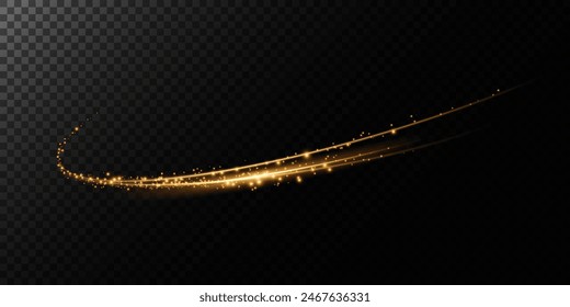 Sparks of dust and golden stars shine with special light. Trace of speed lines. Vector sparks on transparent dark background. Christmas light effect. Sparkling particles of magic dust.	