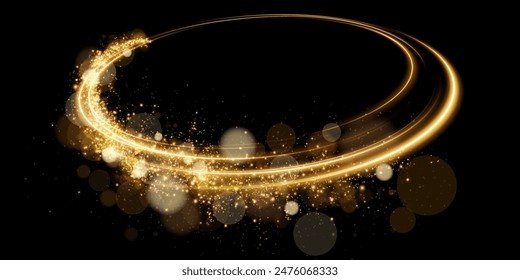 Sparks of dust and golden stars shine with special light. Trace of speed lines. Vector sparks on transparent dark background. Christmas light effect. Sparkling particles of magic dust.	